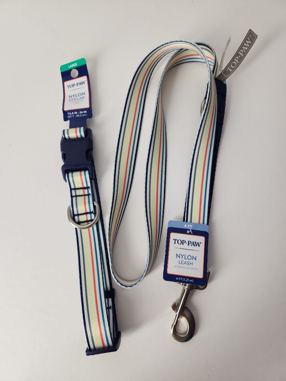 Nylon Dog Collar size Large and Matching Leash 4ft  Rainbow Stripe Top Paw new